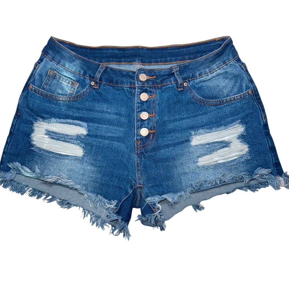 Fashion Jeans Womens Distressed Denim Shorts High Rise Frayed Button Fly Large